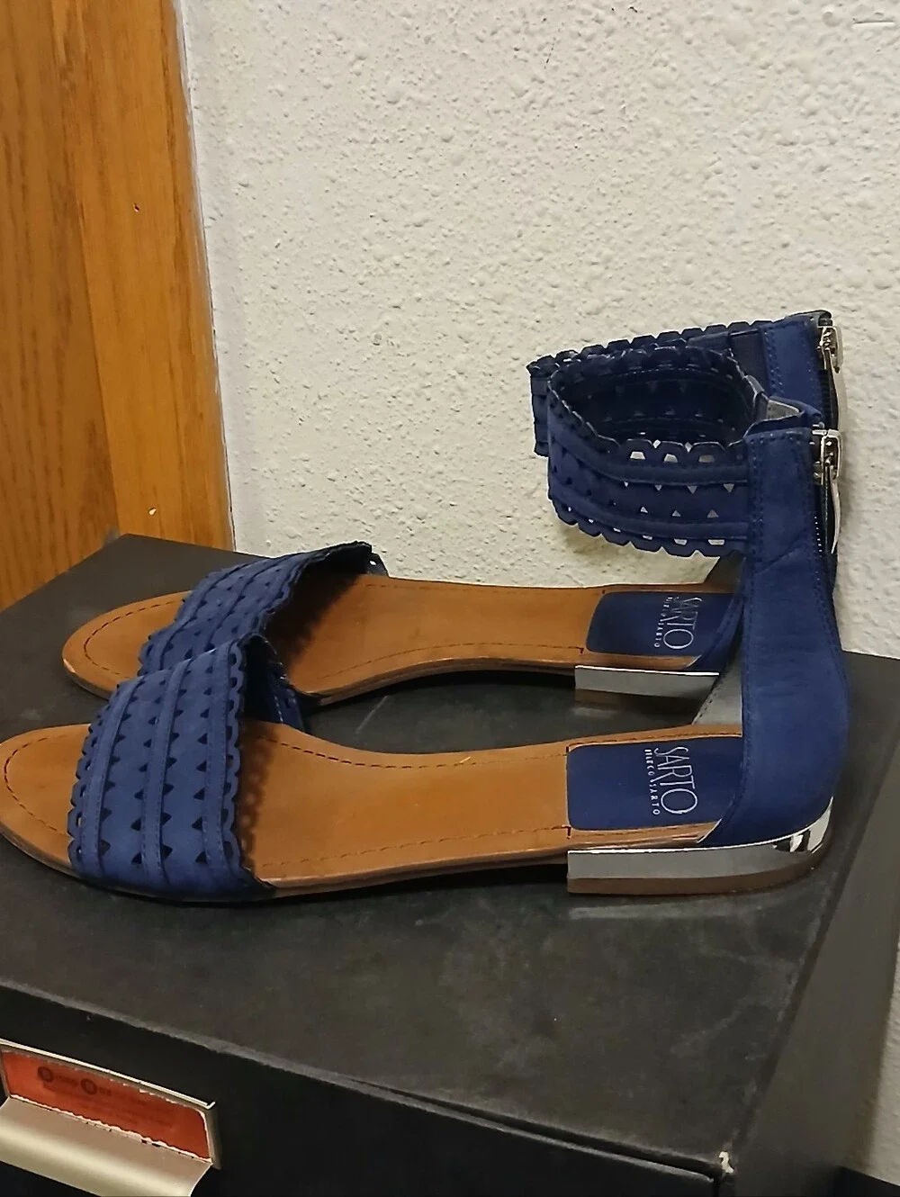 Franco Sarto Blue Suede Laser-Cut Ankle Zip Flat Sandals Size 8.5M